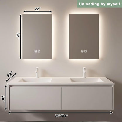 60”-84”Double Sink Floating Bathroom Vanity, All-White Modern Cabinet with Backlit LED Mirrors