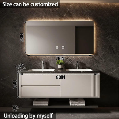 60”-84” Double Floating Vanity, Light Beige Cabinet with LED Backlit Mirror