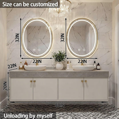 60"-84"Floating Beige Bathroom Vanity with Double Vessel Sinks & LED Round Mirrors