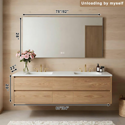 60”-84” Floating Double Sink Bathroom Vanity with LED Defog Mirror, Wall Mounted Oak Wood Vanity with Storage Drawers
