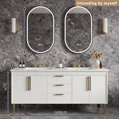60”-84” Double Sink Bathroom Vanity with LED Oval Mirrors, Freestanding Cabinet with Marble Top, White with Gold Hardware