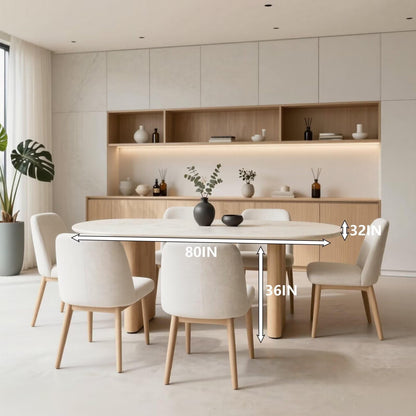 60"-80"Oval Dining Table with Travertine Top & Light Wood Base, Minimalist Kitchen Table