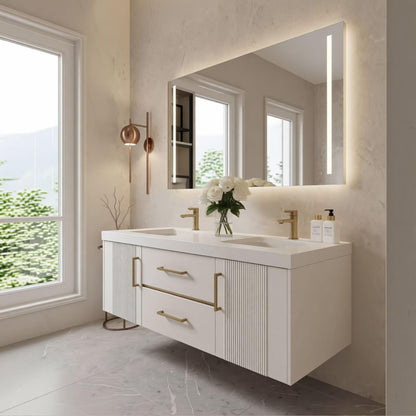 60”-96”White Floating Bathroom Vanity with Double Sinks & LED Lighted Mirror