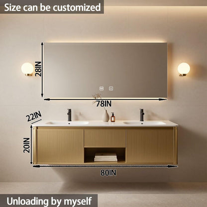 60"-84"Modern Gold Floating Bathroom Vanity Set with Fluted Doors & White Top
