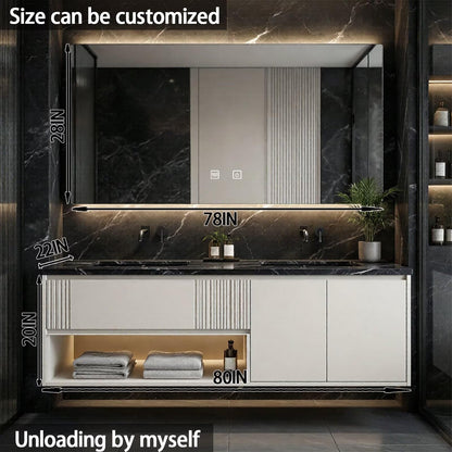 60”-84”Double Sink Floating Bathroom Vanity with LED Backlit Mirror, Off-White Fluted Cabinet