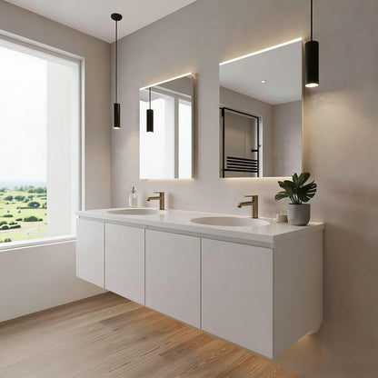 60”-96”Modern White Wall-Mounted Vanity with Double Sinks, Marble Top & LED Lighting