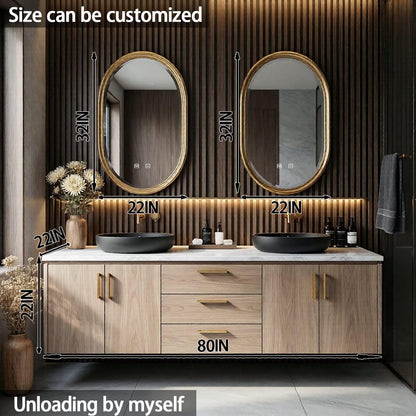 60"-84"Double Sink Bathroom Vanity, Natural Wood Cabinet with White Marble Countertop