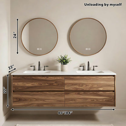 60”-84”Walnut Wood Floating Bathroom Vanity with Double Sink, Modern Wall-Mounted Vanity with LED Backlit Round Mirrors & White Stone Top