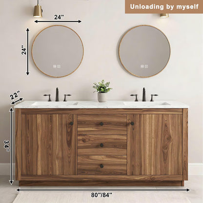 60”-84”Double Sink Freestanding Bathroom Vanity, Solid Walnut Cabinet with Round LED Mirrors