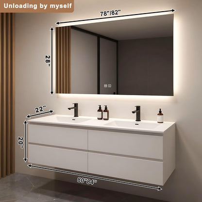 60”-84”Double Sink Floating Bathroom Vanity, All-White Modern Cabinet with Backlit LED Mirror