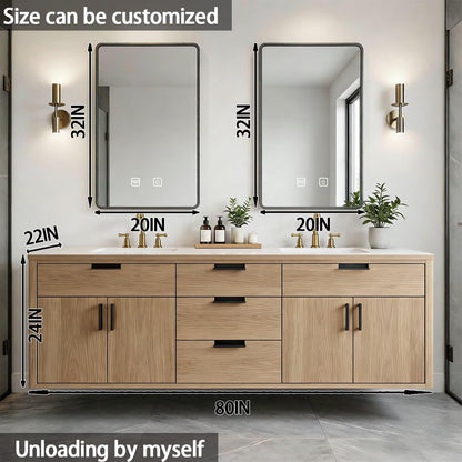 64”-80”Double Floating Vanity, Light Wood Cabinet with Black Trim & Gold Brass Hardware