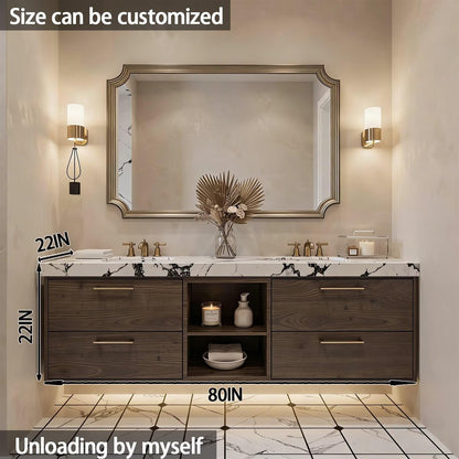 60”-84”Double Floating Vanity with Gold Trim Mirror, Espresso Wood & Marble Countertop