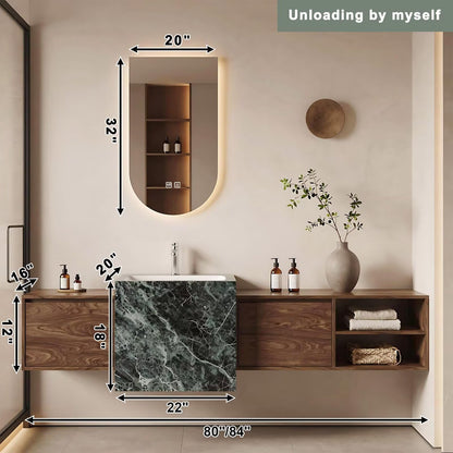 60”-84” Floating Bathroom Vanity with LED Arch Mirror, Wall Mounted Walnut Wood Vanity with Marble Sink & Open Storage Shelves