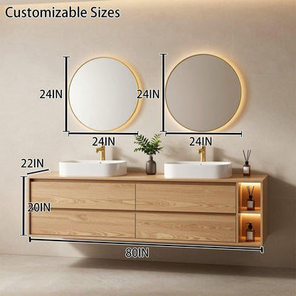 60"-96"Modern Oak Floating Bathroom Vanity with Double Vessel Sinks & LED Side Shelves