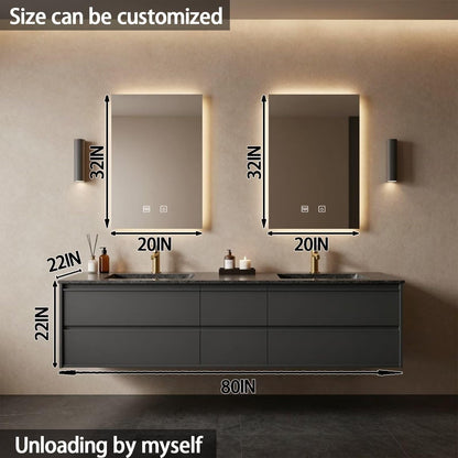 60”-84” Double Floating Vanity, Matte Black Cabinet with Gold Trim LED Mirrors