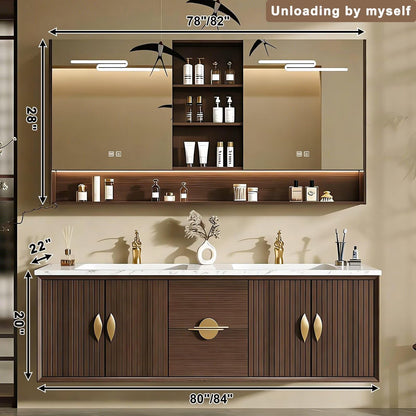 60”-84”Double Sink Floating Bathroom Vanity with LED Mirror Cabinet, Wall Mounted Walnut Vanity with Marble Top & Gold Hardware
