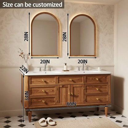 60"-96"Vintage Style Double Sink Bathroom Vanity with Gold Knobs & Storage Cabinet