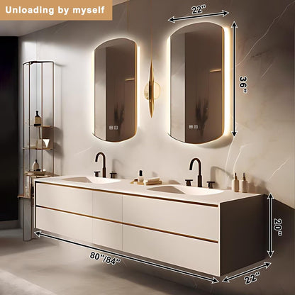 60”-84”Double Sink Floating Bathroom Vanity with Arch LED Mirrors, White Modern Cabinet