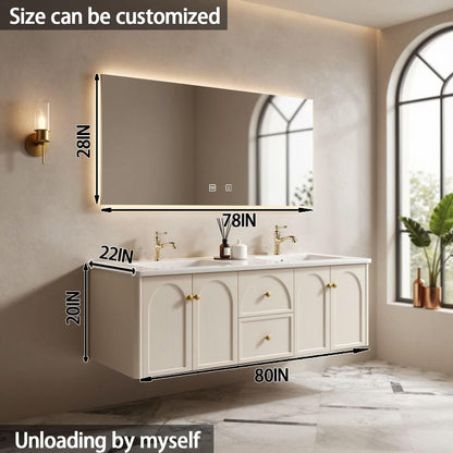 60"-84"Floating Cream Bathroom Vanity with Marble Top & LED Backlit Mirror