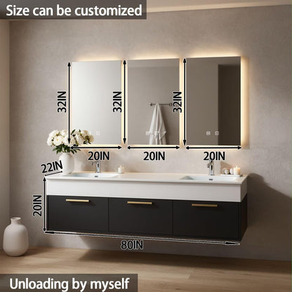60”-84”Double Floating Vanity, Black Wood Cabinet with White Stone Counter & Gold Handles