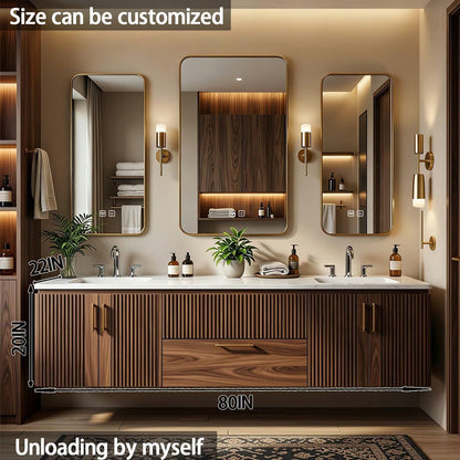 60”-84”Double Sink Floating Bathroom Vanity with Gold Mirrors, Walnut Fluted Wood Cabinet