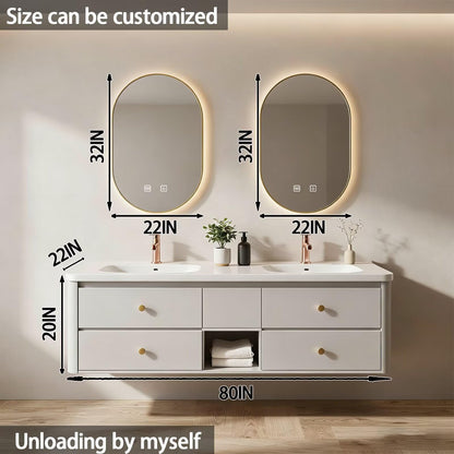 60”-84”Floating Vanity, Modern White Wall Mounted Bathroom Cabinet with Gold Trim Mirror