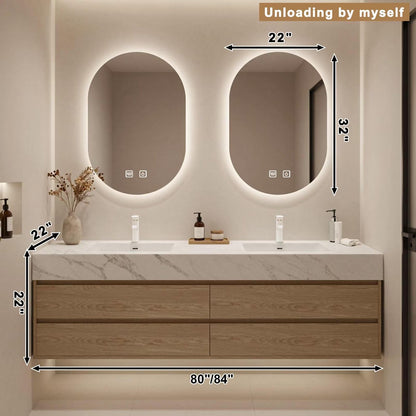 60”-84”Light Wood Floating Bathroom Vanity with Marble Top & Dual LED Mirrors