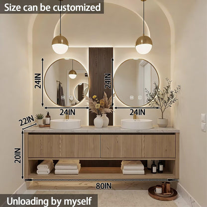 60"-84"Light Wood Bathroom Vanity with Double Sinks & Backlit Round Smart Mirrors