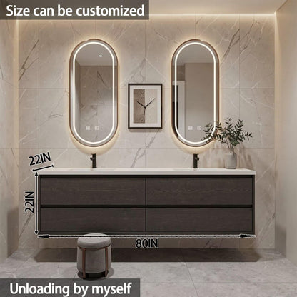 60”-84”Double Sink Floating Bathroom Vanity with Oval LED Mirrors, Dark Gray Wood Cabinet