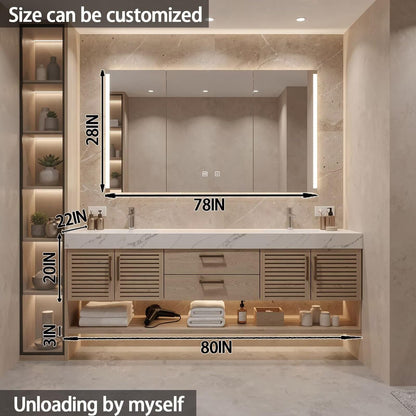60”-84”Double Floating Vanity, Light Wood Cabinet with LED Marble Top & Shutter Doors