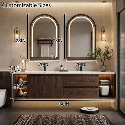 60"-96"Dark Walnut Floating Bathroom Vanity with LED Arched Mirrors & Open Shelves