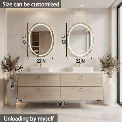 60”-84”Double Sink Floating Bathroom Vanity with LED Round Mirrors, Light Wood Cabinet & Gold Hardware