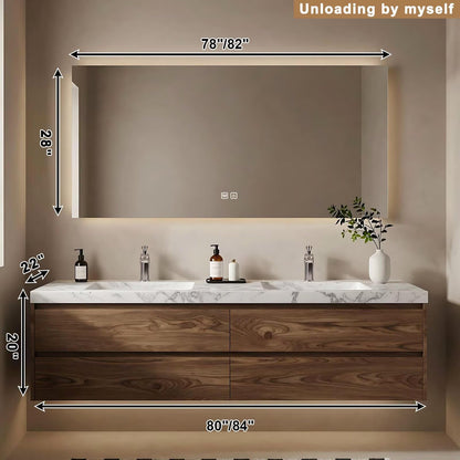 60”-84”Wall-Mounted Double Bathroom Vanity - Light Oak Wood Cabinet with White Stone Top & Gold Hardware