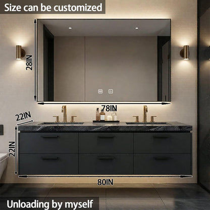 60“-84”Modern Floating Double Sink Bathroom Vanity with Smart LED Mirror & Black Marble Top