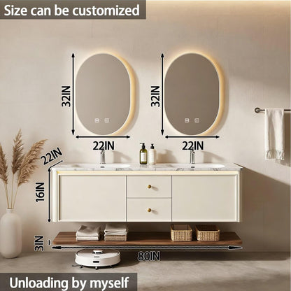 60"-84"Modern Cream Floating Bathroom Vanity Set with Marble Top & Open Shelf