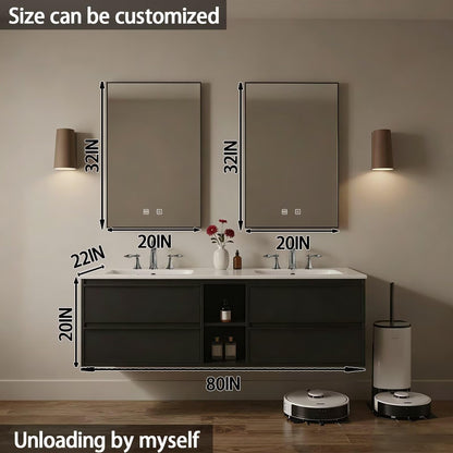 60"-84"Floating Black Bathroom Vanity with Open Shelf & Dual LED Mirrors