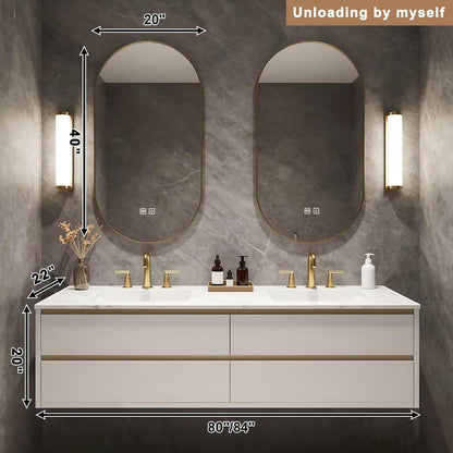 60”-84”Double Sink Floating Bathroom Vanity, White & Gold Cabinet with Arch LED Mirrors