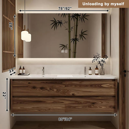 60”-84”Floating Double Sink Bathroom Vanity with LED Backlit Mirror, Wall Mounted Walnut Wood Vanity with Marble Top & Storage Drawers