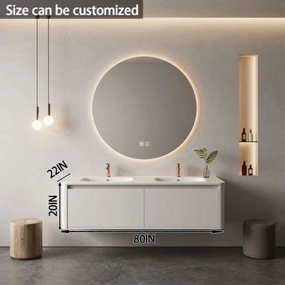 60"-84"Modern Floating Bathroom Vanity Set with LED Round Mirror & Rose Gold Handles