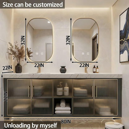 60"-84"Modern Floating Bathroom Vanity Set with Marble Top & Glass Cabinets