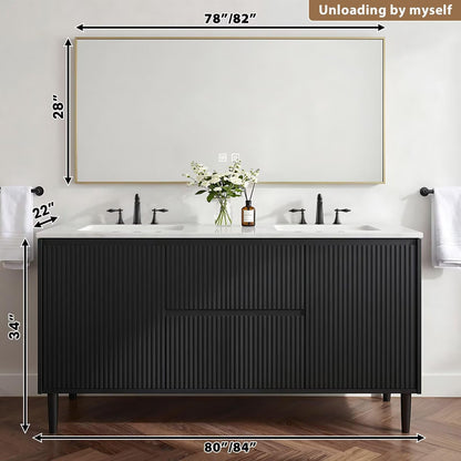 60”-84”Double Sink Freestanding Bathroom Vanity, Black Fluted Panel Vanity with White Marble Top & Gold Trim Mirror