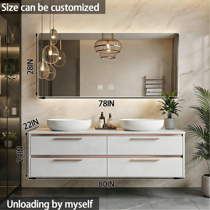 60"-84"Floating White Bathroom Vanity with Double Vessel Sinks & LED Mirror