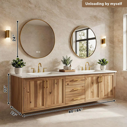 60”-84” Floating Double Bathroom Vanity with White Marble Top, Acacia Wood Wall-Mounted Vanity with Gold Hardware & 2 Round Mirrors