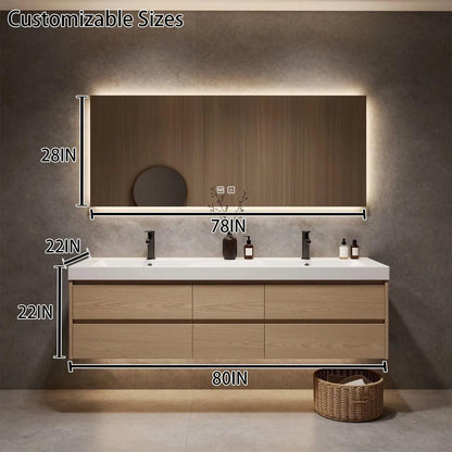 60"-96"Light Oak Floating Bathroom Vanity with Double Sinks & Large LED Backlit Mirror