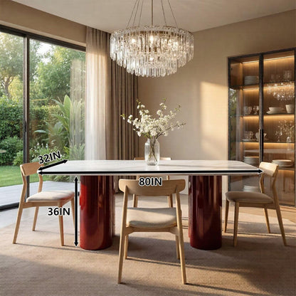 60"-80"Modern Rectangular Dining Table, White Marble Top with Glossy Red Cylindrical Base