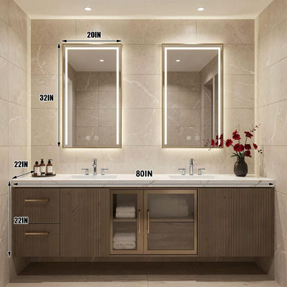 60"-96"Floating Bathroom Vanity with Double Sinks, LED Mirrors & Fluted Wood Finish