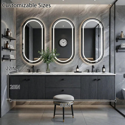 60"-96"Dark Wood Floating Bathroom Vanity with Double Sinks & LED Oval Mirrors