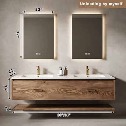 60”-84”Double Sink Floating Bathroom Vanity with 2 LED Backlit Mirrors, Wall Mounted Oak Vanity with Marble Top & Open Shelf