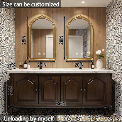 64"-96"Freestanding Bathroom Vanity with Double Sinks & Classic Carved Cabinet, Dark Walnut