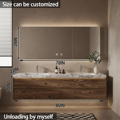 60"-84"Floating Walnut Bathroom Vanity with Marble Top & LED Medicine Cabinet,
